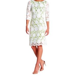 $422 Sue Wong Lace Overlay Dress 0 White Lace Over Citron Boat Neck 3/4 Sleeves